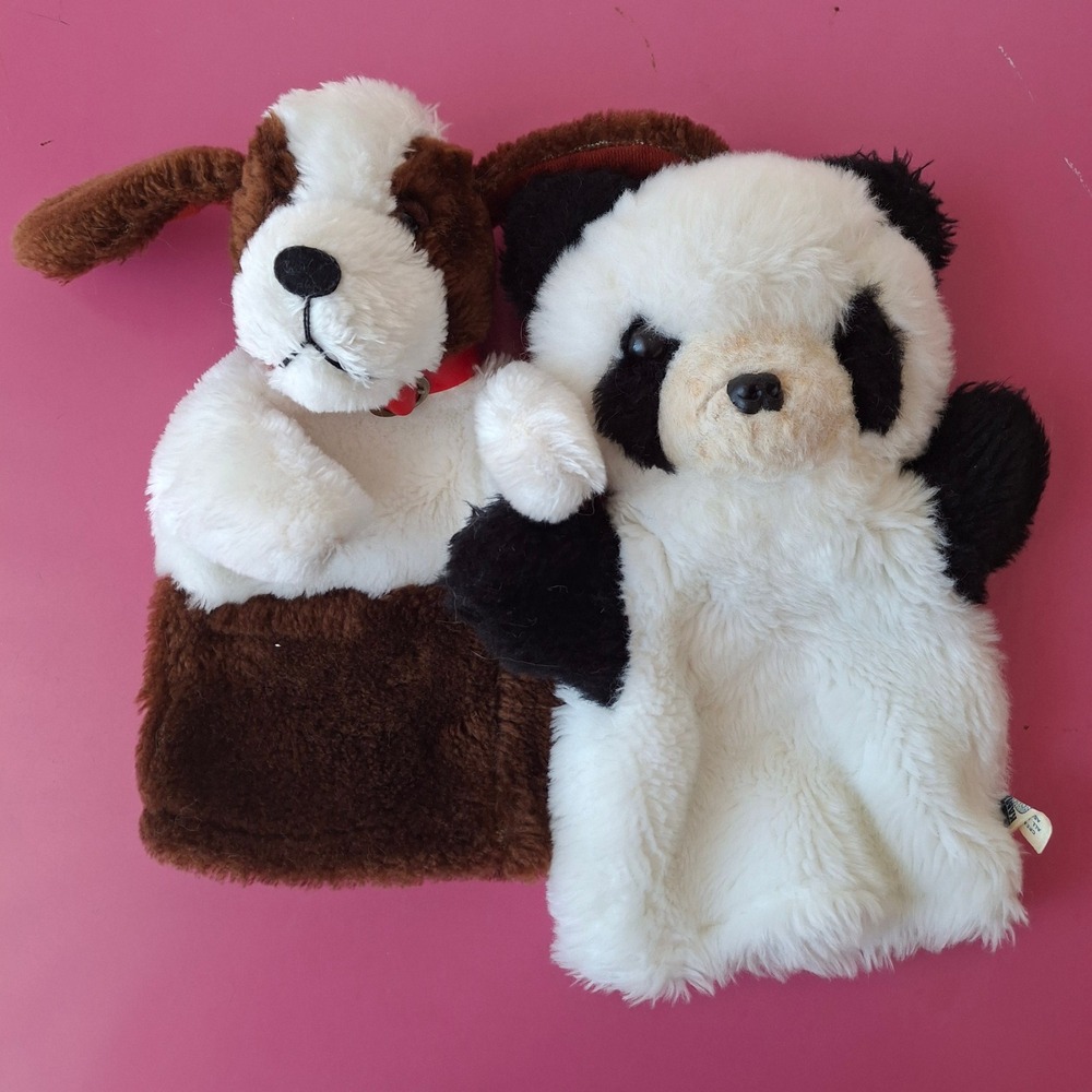 Vintage Hand Puppet Set of 2 Kamar Panda Brown White Dog 1976 R Dakin Plush Toys